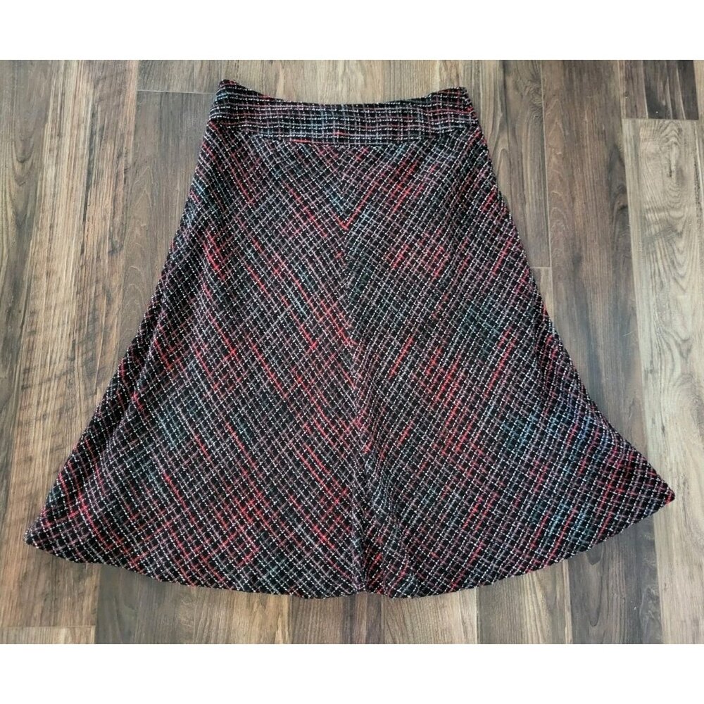 Black Red Tweed A- Line Lined Midi Skirt Whimsigoth Holiday Sz 12